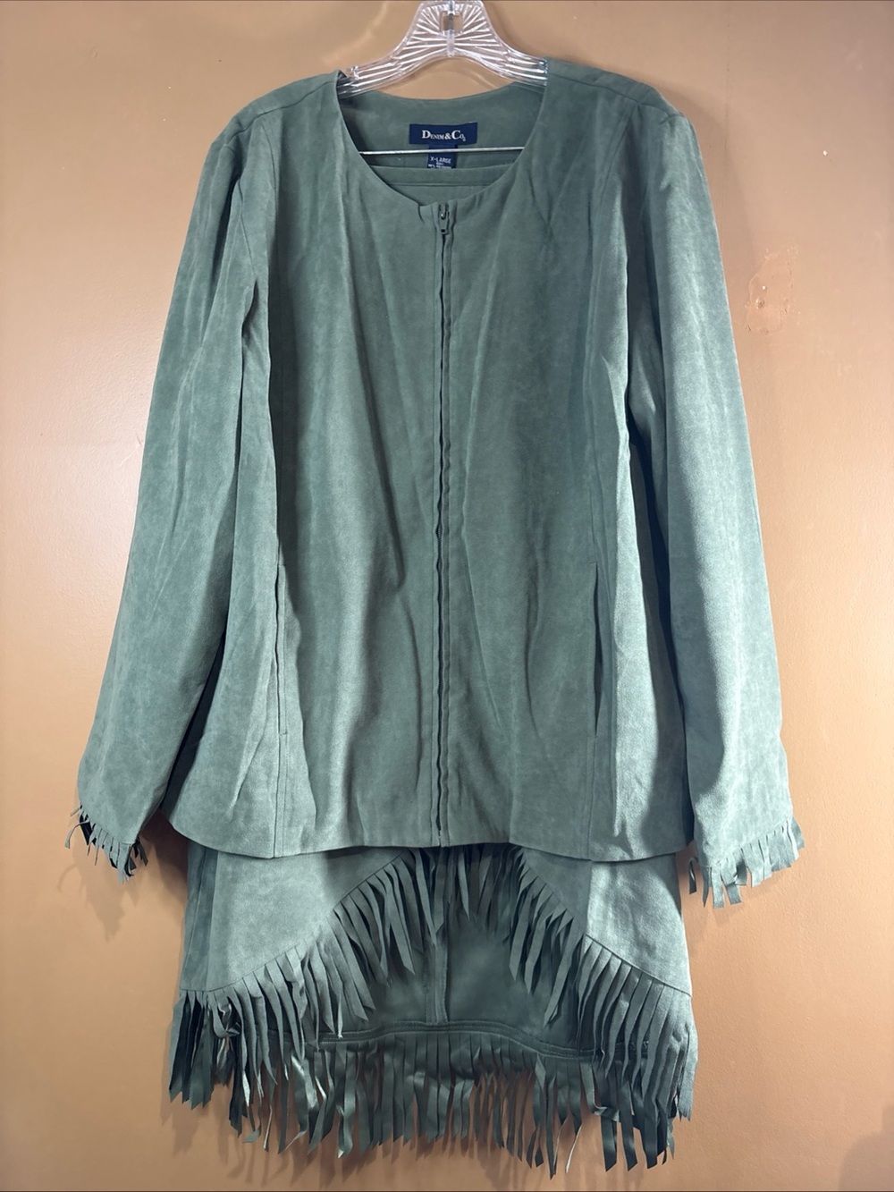 HC916 Green Faux Suede Fringe Matching Set Sz XL Zip Jacket Top & Skirt